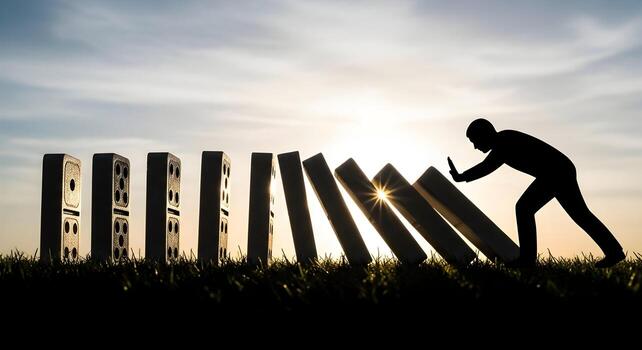 Silhouette of a man stopping a chain reaction of falling dominoes in a field at sunset, representing concepts of prevention, intervention, and control photo