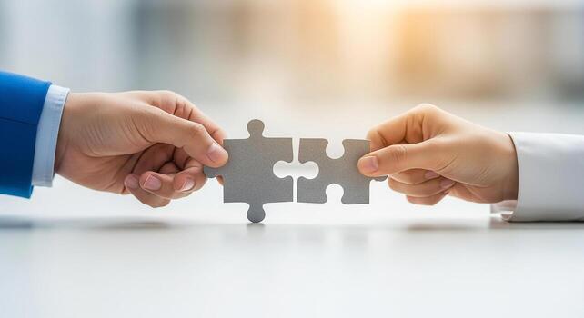 Two businesspeople connect puzzle pieces together, symbolizing teamwork, collaboration, and partnership in a modern office setting This image represents cooperation, unity, and the successful completi photo