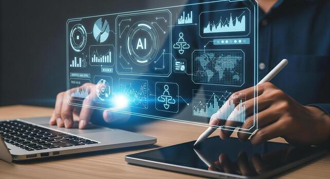 Person working with AI interface, analyzing data on laptop and tablet, in modern office, showcasing innovative technology and future of business photo