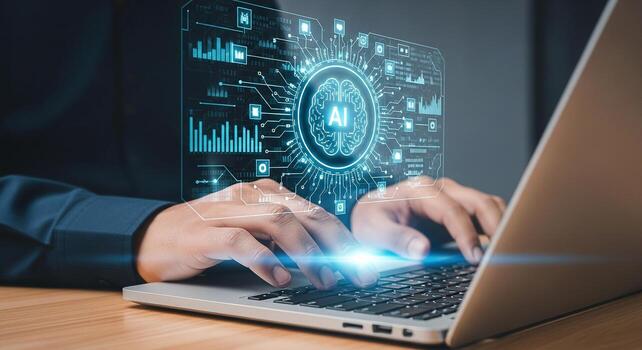 Person working on laptop with AI interface, futuristic technology concept A programmer or data scientist interacts with a digital brain, analyzing data and algorithms in a modern office setting photo