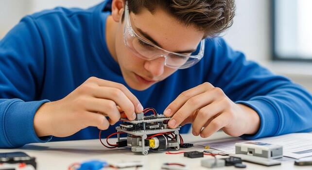 Focused male student assembling a robotic device in a classroom setting, showcasing STEM education and technological innovation photo