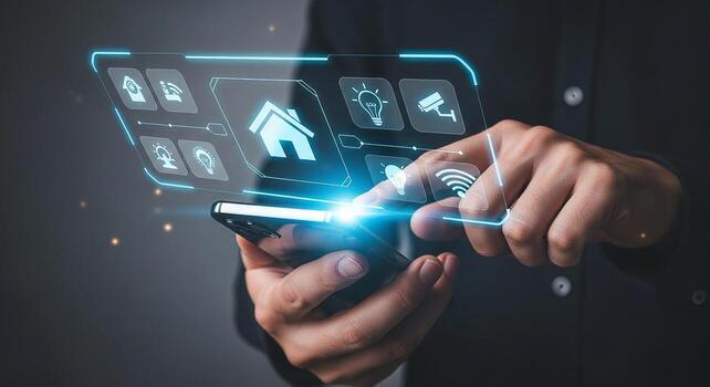 Person using smartphone to control smart home technology, managing home automation system remotely, digital interface showing home security, lighting, and climate control, innovative technology concep photo