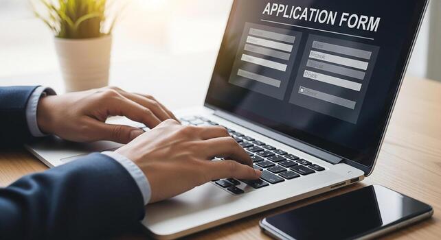 Businessman Completing Online Application Form on Laptop in Modern Office - Concept of Job Application, Online Business, and Modern Technology photo