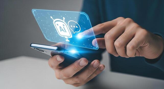 Person using AI chatbot application on smartphone, innovative technology concept, futuristic digital interface, modern communication photo
