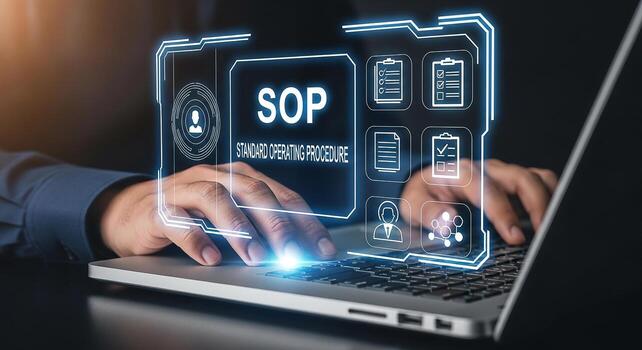 Businessman Implementing Standard Operating Procedures on Laptop, Optimizing Workflow for Efficiency and Success photo