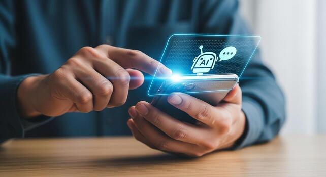 Person using smartphone to access AI chatbot application, innovative technology, future communication, digital assistance concept photo
