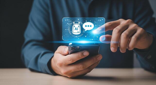 Person using AI chatbot app on smartphone innovative mobile technology future communication concept digital interaction on screen photo