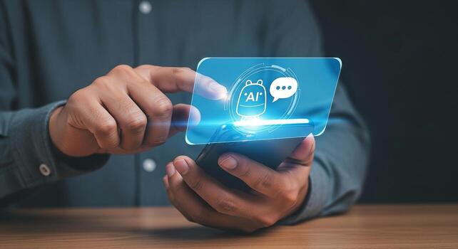 Person using AI chatbot application on smartphone innovative technology futuristic communication digital interaction on mobile phone screen photo
