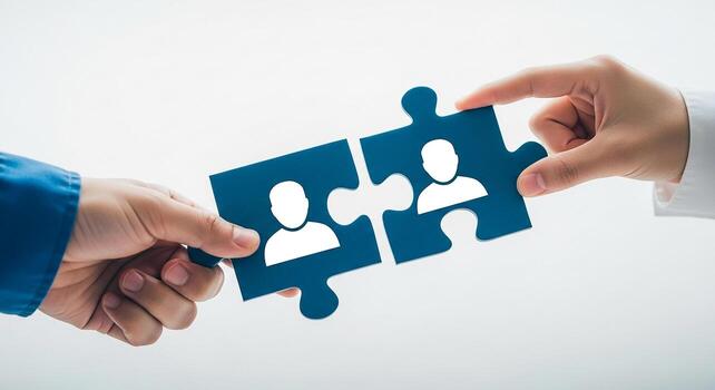 Two hands connecting two puzzle pieces with people icons symbolizing partnership teamwork and collaboration in a modern business setting This image represents the concept of unity connection and mergi photo