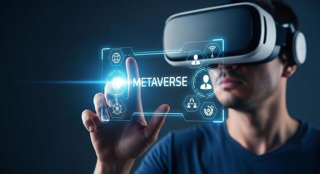 Man wearing VR headset interacts with futuristic Metaverse interface exploring digital world and innovative technologies The image evokes concepts of virtual reality digital transformation and the fut photo