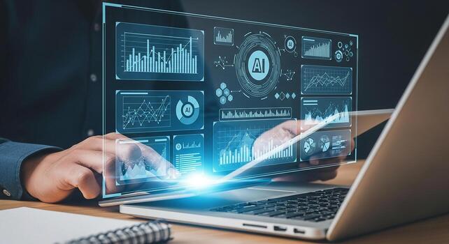 Person analyzing data charts and graphs using AI interface on a digital tablet and laptop illuminated in a modern office setting showcasing innovative technology and future business concepts photo