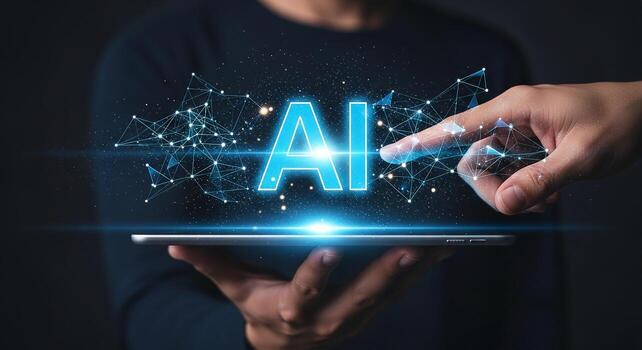 Person Interacting with Futuristic AI Interface on a Tablet Exploring Digital Innovation and Technological Advancement in a Dark Setting photo