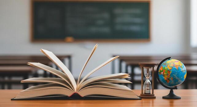 Open book with globe and hourglass in classroom setting representing education time and global learning The scene evokes a sense of academic exploration and the passage of time during study Ideal for photo