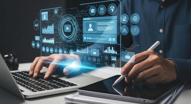 Person working on laptop and tablet with digital interface showing data analytics social media and communication icons The futuristic setting conveys innovation and progress in a modern workplace photo