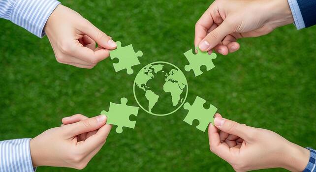Four hands connecting green puzzle pieces around a globe on a lush green grass background symbolizing global collaboration and environmental sustainability This image represents teamwork unity and the photo
