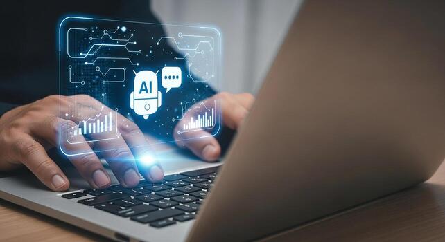 Person using laptop computer interacts with AI chatbot interface innovative technology future of communication concept photo