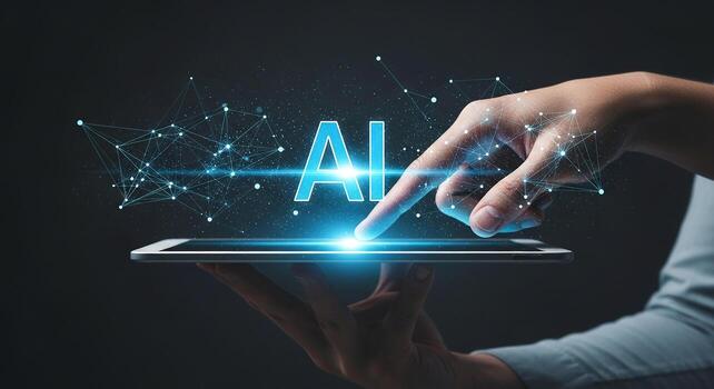 persona activando ai interfaz en un digital tableta innovador tecnología concepto futurista ajuste brillante red conexiones el imagen representa un mano interactuando con un holográfico ai interfaz Pro foto