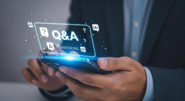 persona utilizando teléfono inteligente a acceso interactivo Preguntas más frecuentes y qa sesión un moderno digital solución para cliente apoyo y comunicación futurista interfaz concepto foto