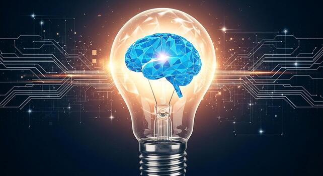 Abstract glowing lightbulb with a blue polygonal brain inside symbolizing intelligence innovation and technology in a digital circuit background This image represents creativity ideas and problem-solv photo