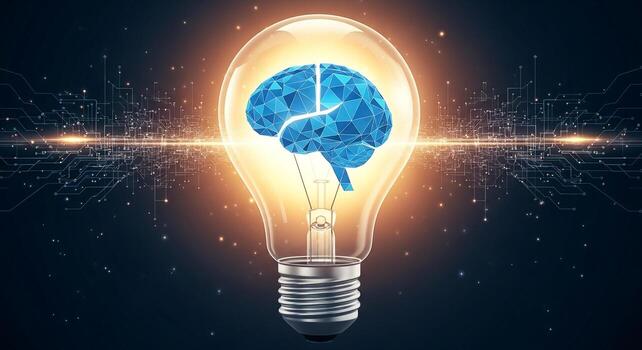Abstract Brain Inside Illuminated Lightbulb Representing Ideas Innovation and Technology in a Digital World photo