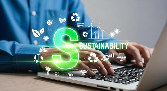 Person working on laptop computer analyzing ESG and sustainability data green glowing icons symbolizing eco-friendly business practices and corporate social responsibility initiatives for a sustainabl photo