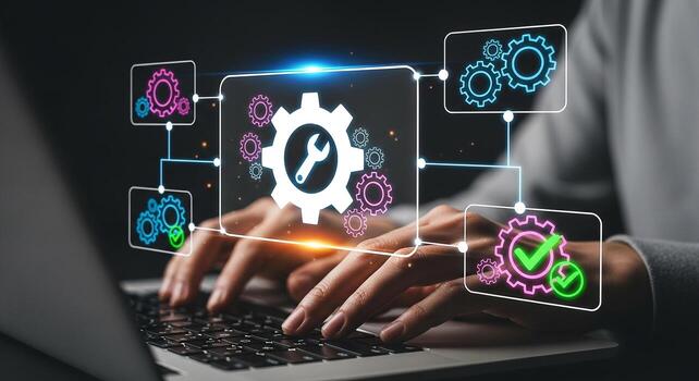 Person configuring system settings on laptop digital gears and checkmarks interface software development network optimization efficient workflow concept photo