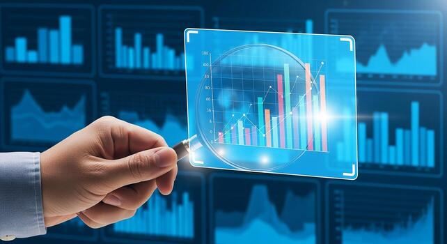 Hand Analyzing Business Growth Chart Data with Magnifying Glass on Digital Screen Showing Financial Statistics and Market Trends photo