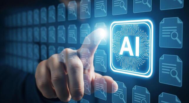 Hand Interacting with Futuristic AI Interface Selecting Data Files in a Digital Environment Concept of Artificial Intelligence and Big Data Analysis photo