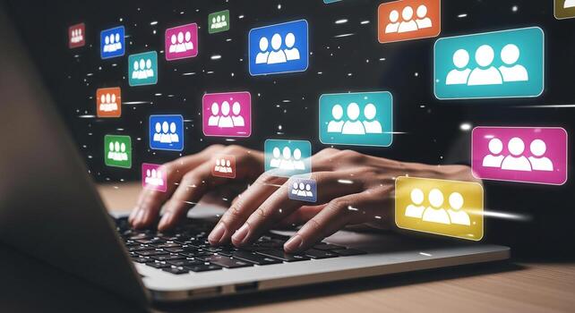 Person using laptop computer to connect with social media network building online community and relationships Digital communication networking and social interaction concept photo