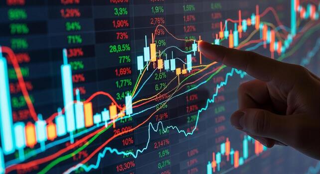 Close-up of a hand interacting with a financial data screen analyzing stock market trends and graphs showcasing investment and economic concepts in a technological setting photo