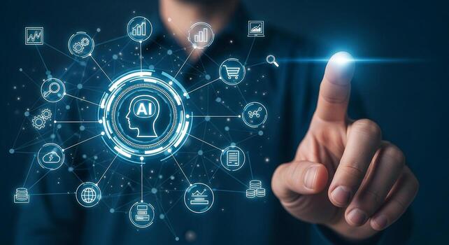 Man Interacting with Futuristic AI Interface Showing Data Analytics Machine Learning and Cloud Computing Network for Business and Technology Concepts photo
