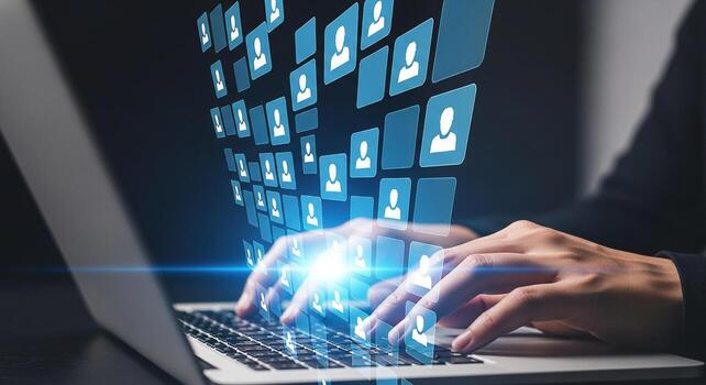 Person using laptop computer to manage and connect with network of online users digital workspace social media concept photo