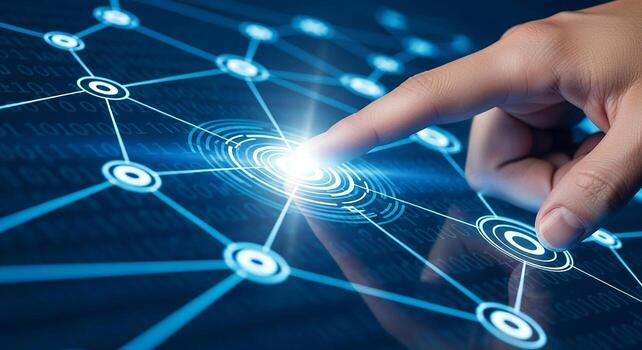Fingertip Interacting with Futuristic Digital Network Interface on a Tablet Screen Highlighting Connectivity and Technological Advancement in a Modern Setting photo