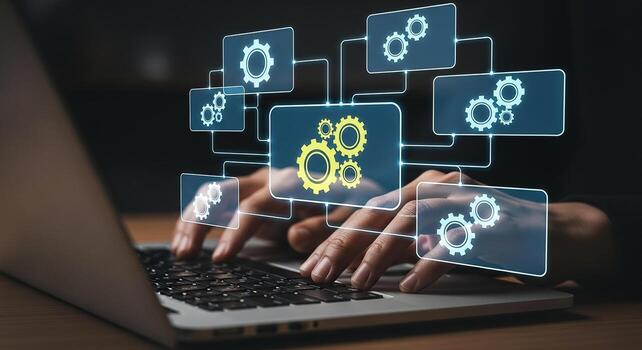 Person working on laptop computer at night managing digital gears and processes representing efficient workflow and seamless technology integration for business success photo