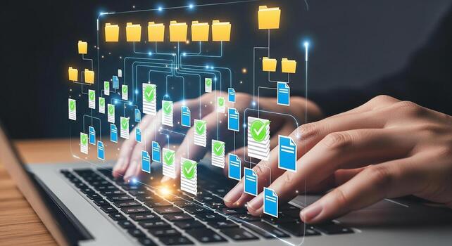 Person efficiently managing digital files and documents using a laptop showcasing a seamless workflow and organization in a modern workspace symbolizing productivity and digital efficiency photo