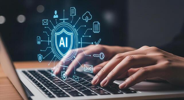 Person working on laptop computer AI secured data network digital transformation future technology concept photo