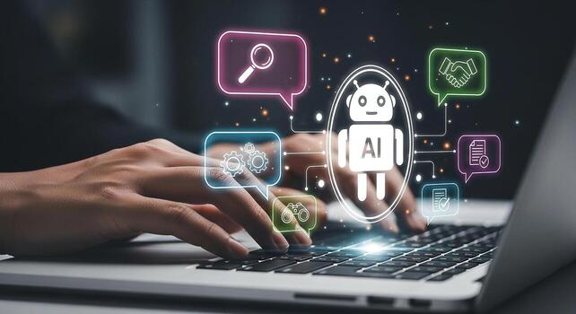 persona utilizando ordenador portátil computadora interactúa con ai digital robot análisis camaradería y verificación íconos son desplegado en pantalla futurista tecnología concepto foto