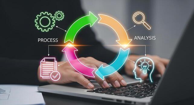 Person working on laptop managing a business process with analysis and idea generation in a modern office setting The image depicts a circular workflow of planning process analysis and idea generation photo