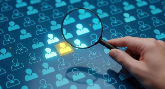 Hand using magnifying glass to select a candidate from a digital screen filled with numerous profile icons symbolizing the process of recruitment and talent acquisition photo