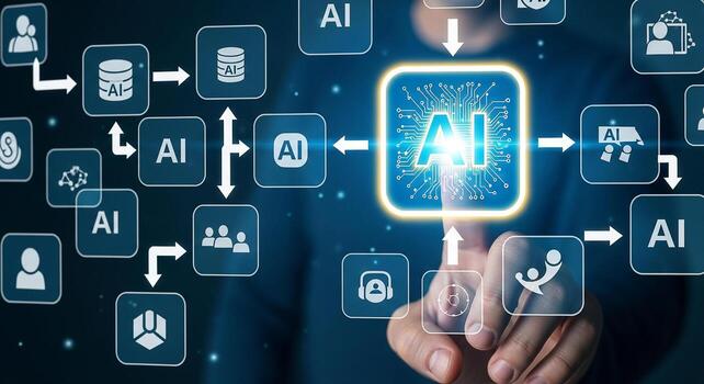 Person Interacting with AI Network Futuristic Technology Concept Artificial Intelligence Digital Transformation and Data Processing A hand interacts with a digital interface showcasing the interconnec photo