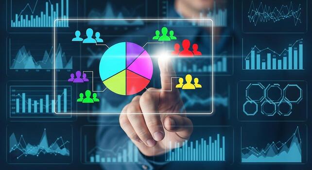 Business Analyst Interacting with a Futuristic Digital Dashboard Showing Key Performance Indicators Charts and Graphs for Data Analysis and Strategic Decision-Making photo