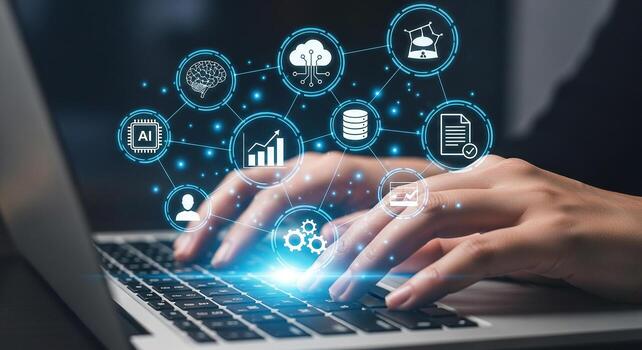 Person using laptop computer interacting with digital interface showing AI cloud computing data analysis and automation futuristic technology concept photo