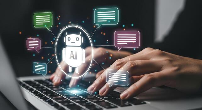 Person using laptop computer interacts with AI chatbot digital communication futuristic technology concept modern workspace photo