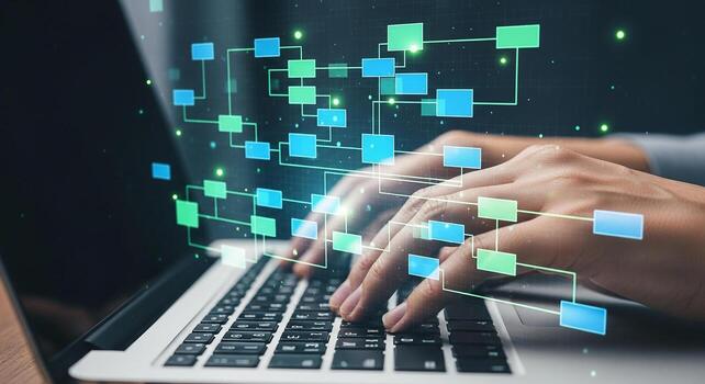 Person working on laptop computer with digital flowchart network and data connection visualization Concept of software development programming database management and digital transformation photo