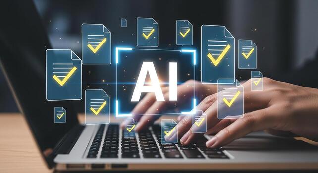 Person using AI-powered software to verify documents on laptop future technology concept digital transformation innovation efficiency automation checking documents online verification AI technology ar photo