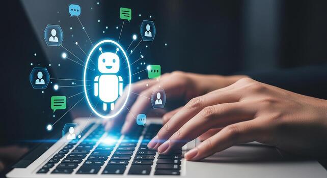 Person using laptop computer interacting with AI chatbot for customer service communication or online support Futuristic digital workspace with glowing interface and network connection photo