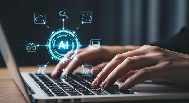 Person using laptop computer interacts with AI interface showing cloud computing data analysis and communication icons Futuristic technology concept image photo