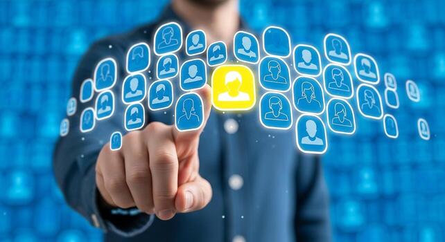 Man Selects a Profile from a Network of Digital Icons Highlighting the Concept of Human Resources Recruitment and Networking in a Modern Technological Setting photo