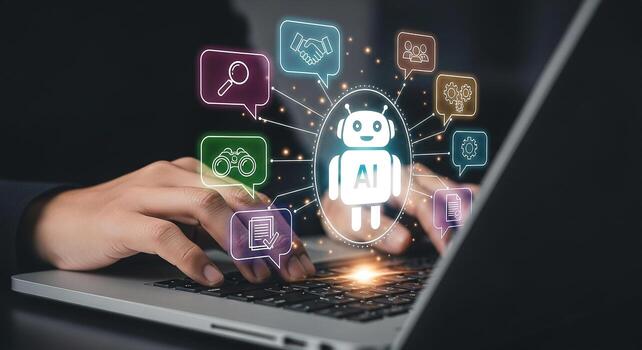 Person using laptop computer interacts with AI interface showing digital icons of teamwork communication and research signifying innovative technology and digital transformation in modern business photo