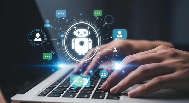 Person using laptop computer interacting with AI chatbot digital communication online customer support futuristic technology concept photo